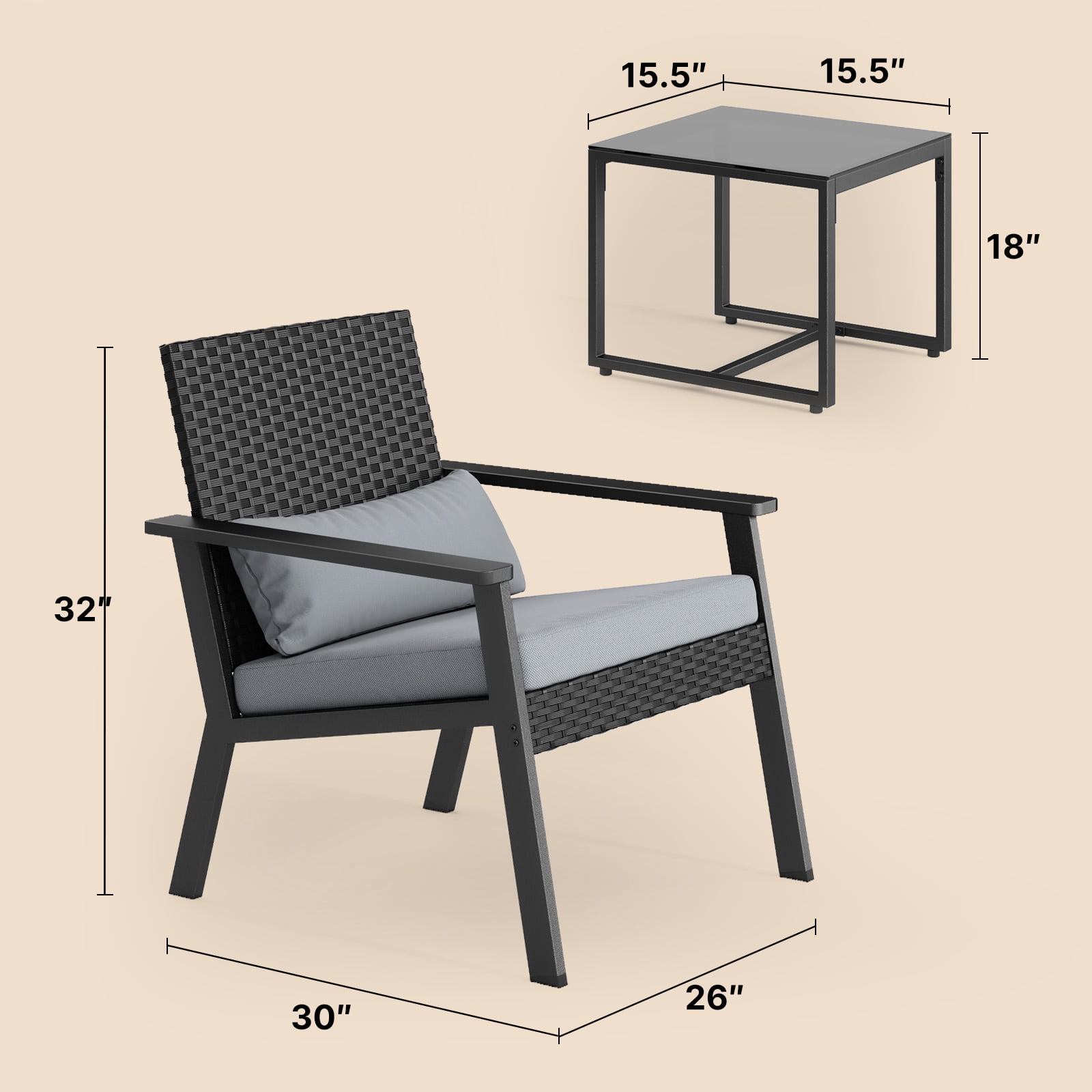 3 Pieces Patio Furniture Set, Wicker Patio Bistro Set for Balcony, Porch, Lawn, Gray