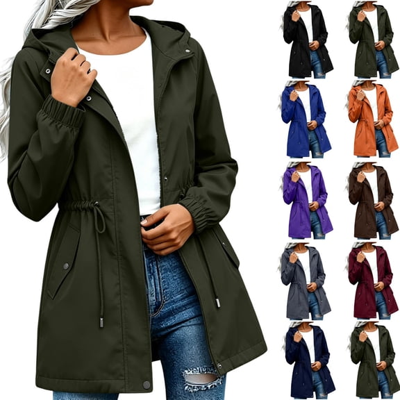 thefmos Women's Fall Winter Hooded Zip Up Jacket Casual Drawstring Basic Coat Windbreaker Solid Trendy Pullover Outdoor Work Daily, Army Green 2XL