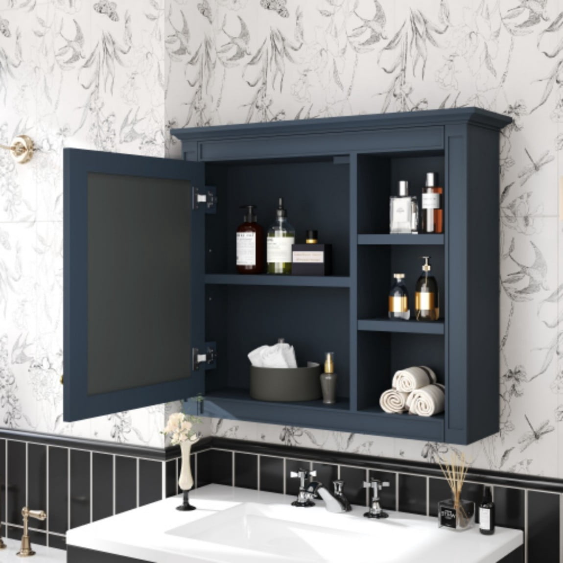 30"x 28" Wall Mounted Bathroom Medicine Cabinet with Mirror, Bathroom Storage Cabinet with Adjustable Shelf & 3 Open Shelves, Modern MDF Mirror Cabinet, Navy Blue