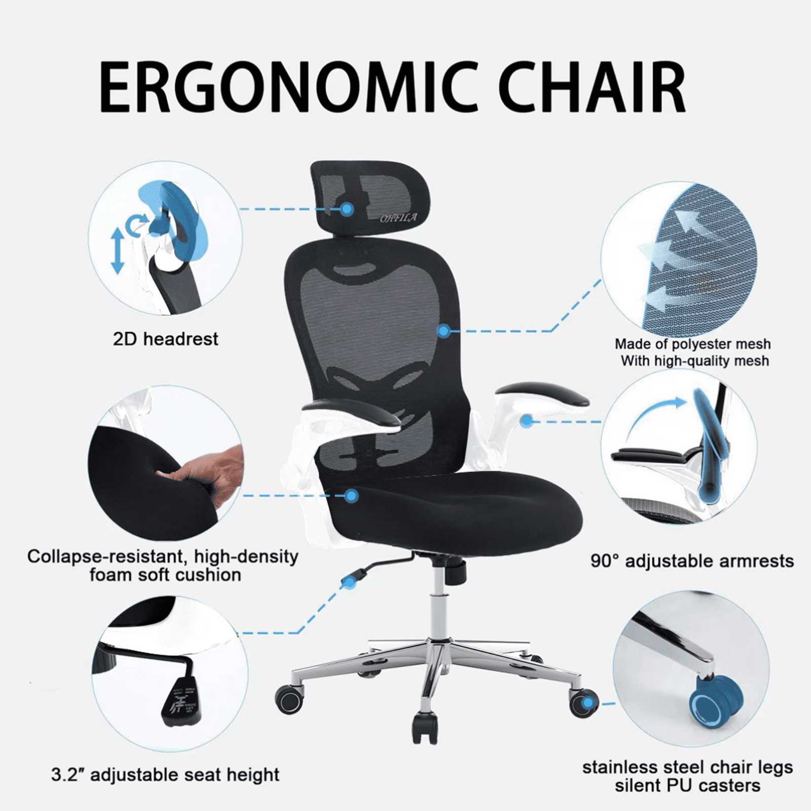 Office Chair, Ergonomic Breathable Mesh,Flip-Up Arms and Adjustable High Back Lumbar Support,Comfy Computer Chair for Home Office