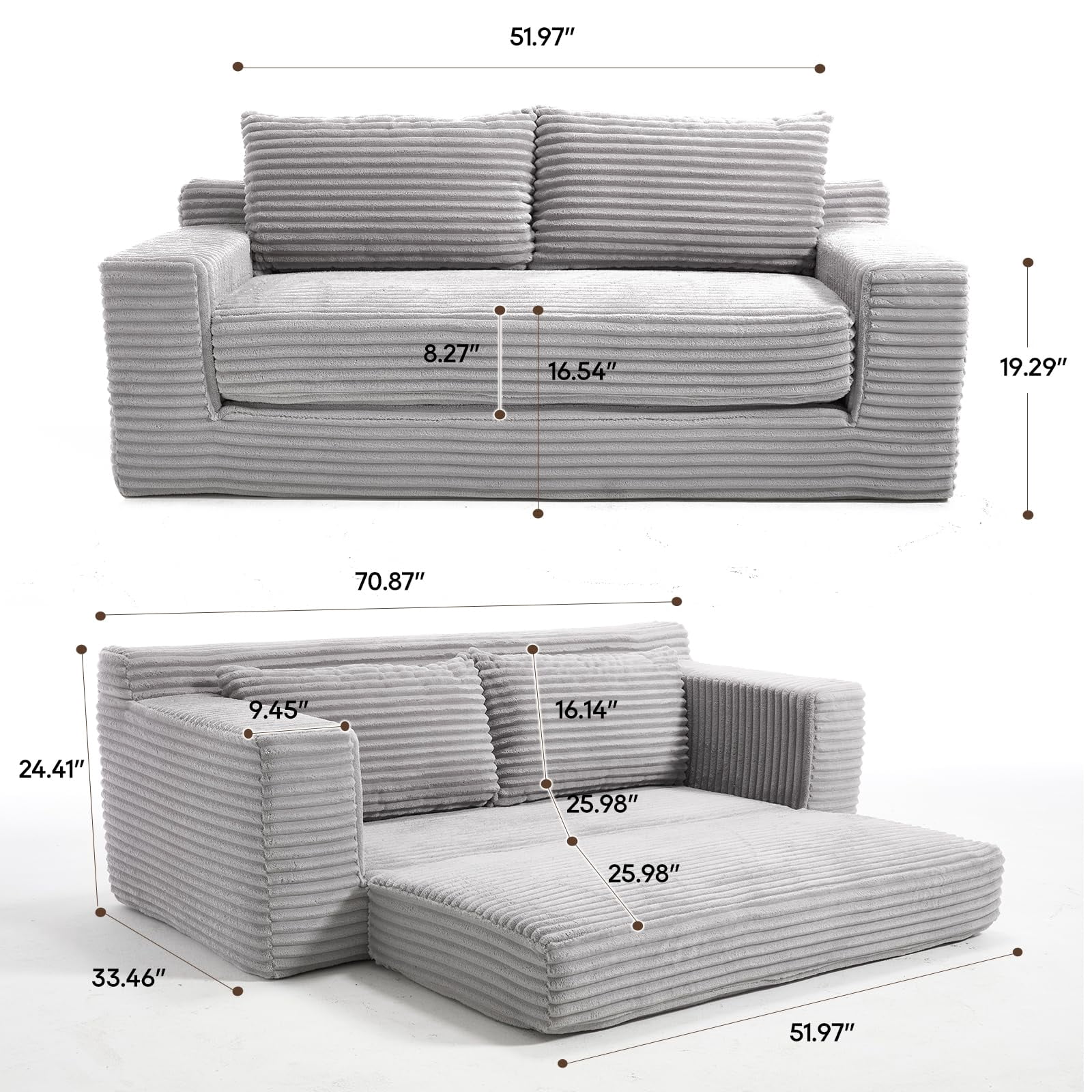 LUCKHAO 78" Convertible Loveseat Sofa Bed, Corduroy Fabric, Memory Foam, No Assembly, Compact Couch for Adults, Grey