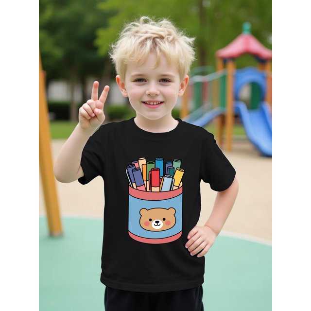 Kids' Cute Cartoon Pencil Print Short-Sleeve T-Shirt - Soft Cotton, Round Neck, Casual Summer Top for Boys, Blue with Fun "Pencils" Design, Perfect for Youngster