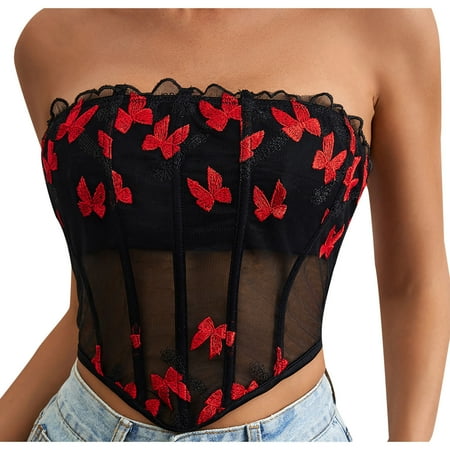 BiZtdJrK Womens Sexy Lace Bustier Sheer Mesh Corset Butterfly Embroidery Tube Top Back Lace-Up Bandeau Y2K Going Out Crop Tops Sales of the Day Black XS