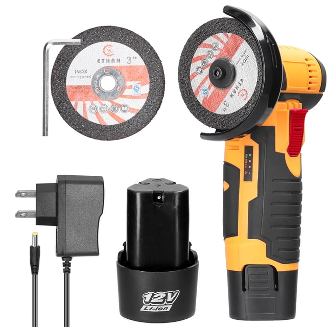 Mistaha 12V Mini Angle Grinder Household Rechargeable Grinding Machine Yellow Color with Brush Motor and Two Cutting Discs