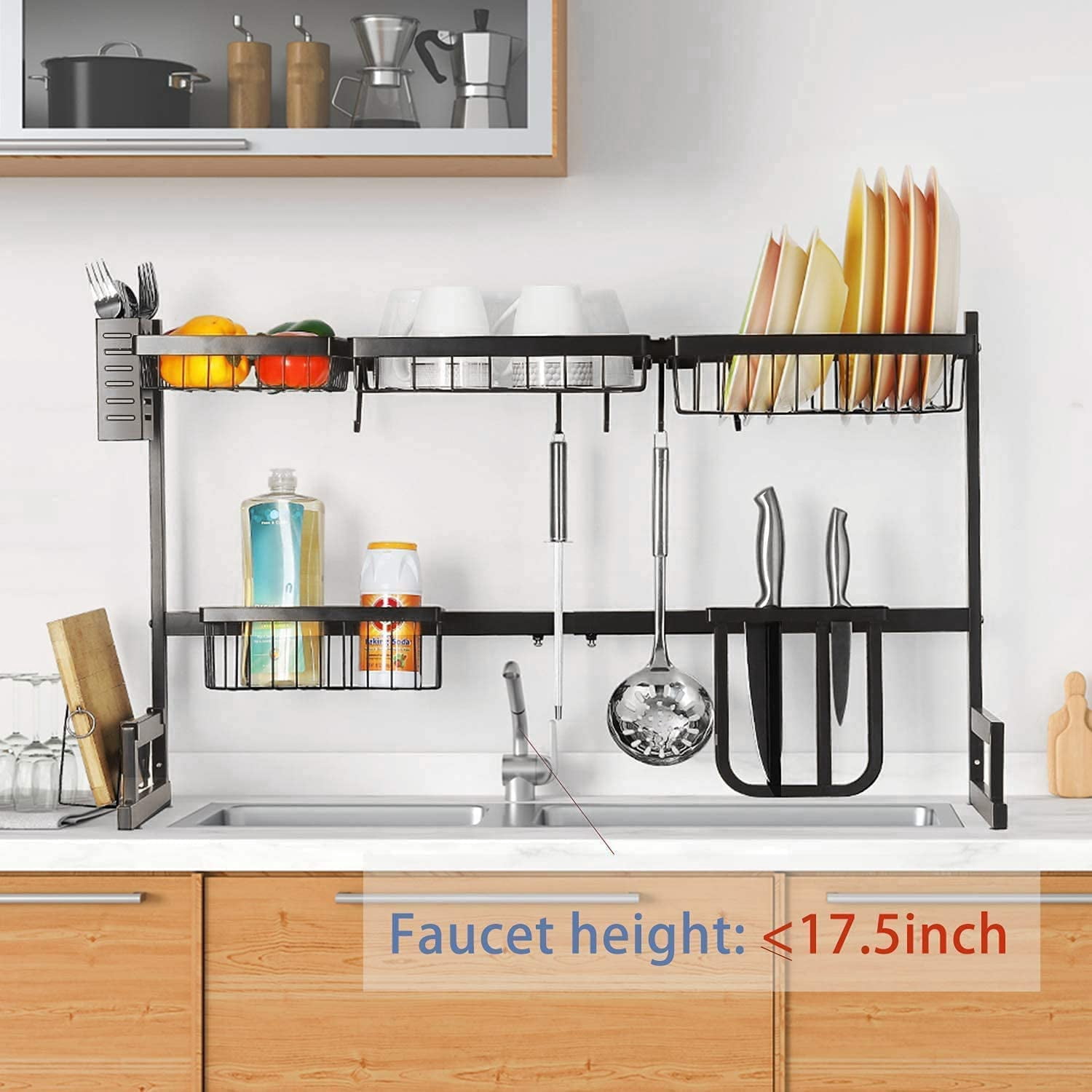 2-Tier Stainless Steel Over the Sink Dish Rack (Large, Black)
