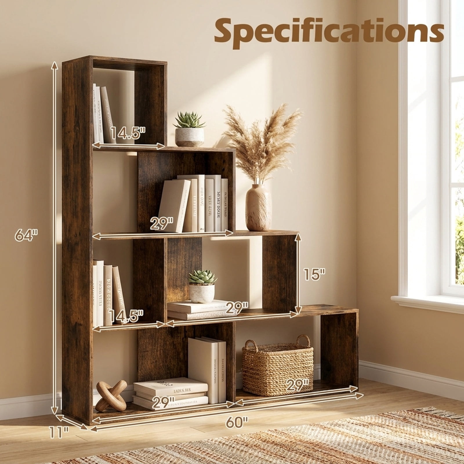 Furnibear 4-Tier Stepped Bookshelf Freestanding Ladder Storage Shelf with 6 Cubes for Living Room Home Office Bedroom Display Storage, Rustic Brown