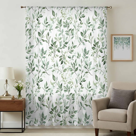 Sage Green Leaf Sheer Curtains 84 Inches Long, Country Eucalyptus Nature Plant Branch Light Filering Curtains, Breathable Simi Curtain Privacy Drapes for Living Room Bedroom Window Treatment
