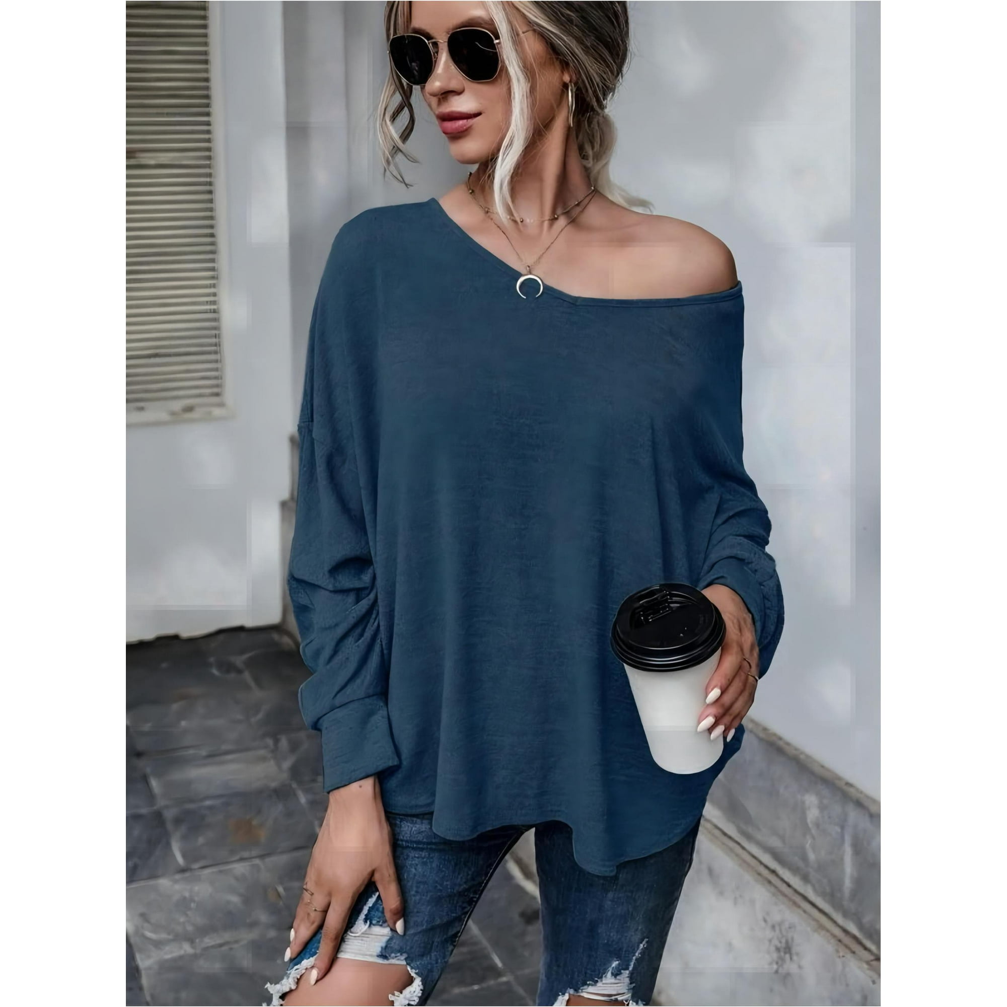 INFITTY Women Long Sleeve Shirts T-Shirt Backless Crewneck Loose
