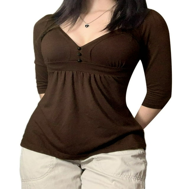Women Solid Color Elbow Length Sleeve Chest Loose Hem Shirt Tops