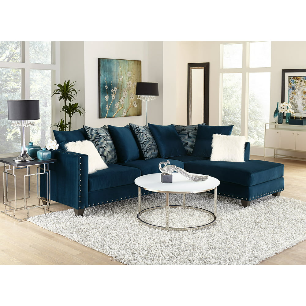 Living Room Modern Classic Blue Fabric Sectional Sofa 2pc Set Cushion