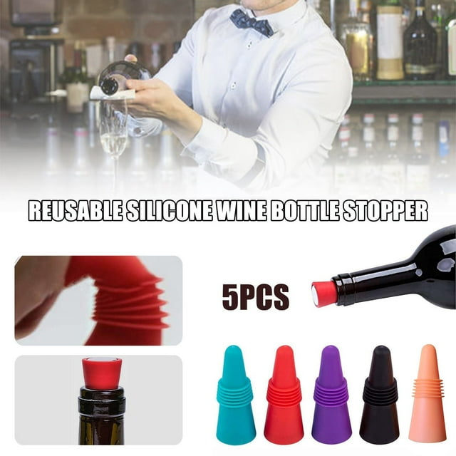 Fiudx Tapones para Botellas de Vino, Juego de 5 Tapones de Colores Aptos para Uso Alimentario, Diseño a Prueba de Fugas para Botellas Abiertas, Reutilizables de Acero Inoxidable y Goma, Aptos para Vi