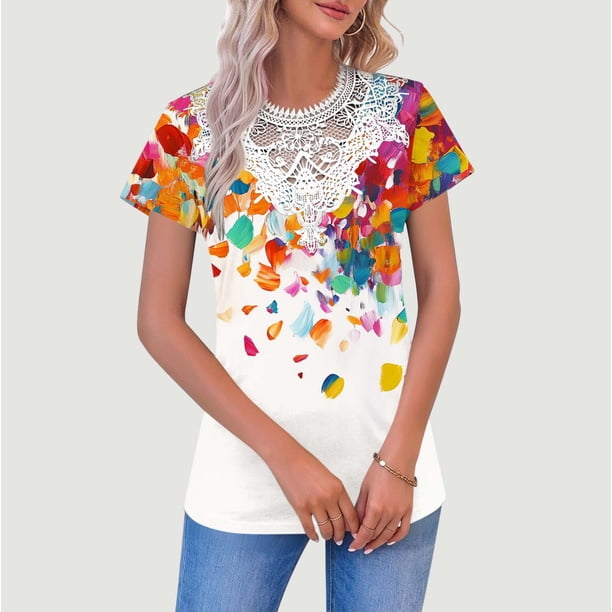 TaTaai Women's V Neck Casual Top, Floral Print Short Sleeve Pullover with Sheer Mesh Detail, Loose Fit Blouse for Spring & Summer Everyday Style Gift