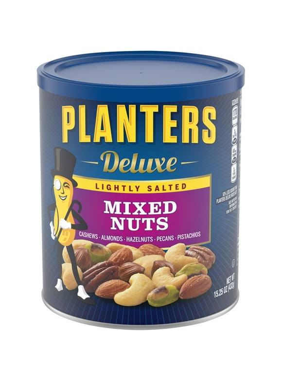 Planters Deluxe Lightly Salted Mixed Nuts with Cashews, Almonds, Hazelnuts, Pecans & Pistachios, 15.25 oz Canister