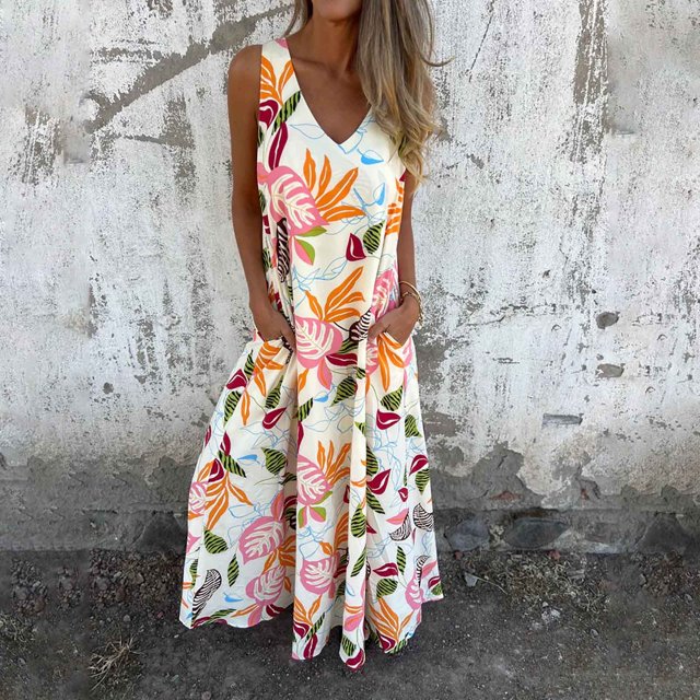 Aqestyerly Robe Sans Manches à Col en V Imprimée pour Femmes, Design avec Poche Non Positionnée, Légère et Élégante, Parfaite pour l'Été