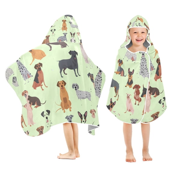 Cute Cartoon Dogs on Yellow Kids Hooded Beach Towel Baby Bath Poncho Towels with Hood Absorbent 50"x23.5" for Pool Swimming