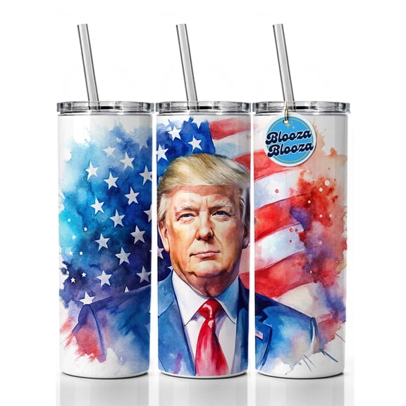 Patriotic Donald Trump American Flag Background Watercolor 20oz Insulated Water Bottle Skinny Tumbler Includes Straw