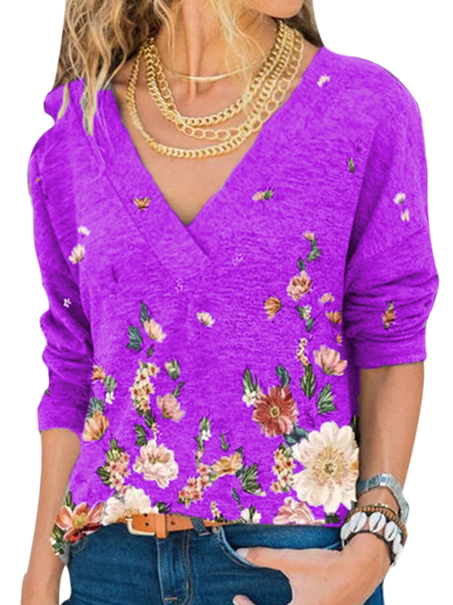 Women VNeck Plus Size Tops Floral Long Sleeve Casual Shirts Pullover Tops