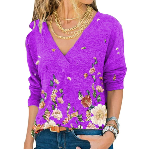 Women V-Neck Plus Size Tops Floral Long Sleeve Casual Shirts Pullover ...