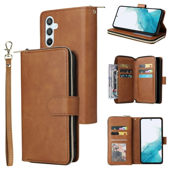 for Samsung Galaxy A16 5G/4G Wallet Case with Zipper Pocket, PU Leather Card Holder Cover, Kickstand Magnetic Clasp Wrist Strap Heavy Duty Shockproof Protective Phone Case for Galaxy A16, Brown