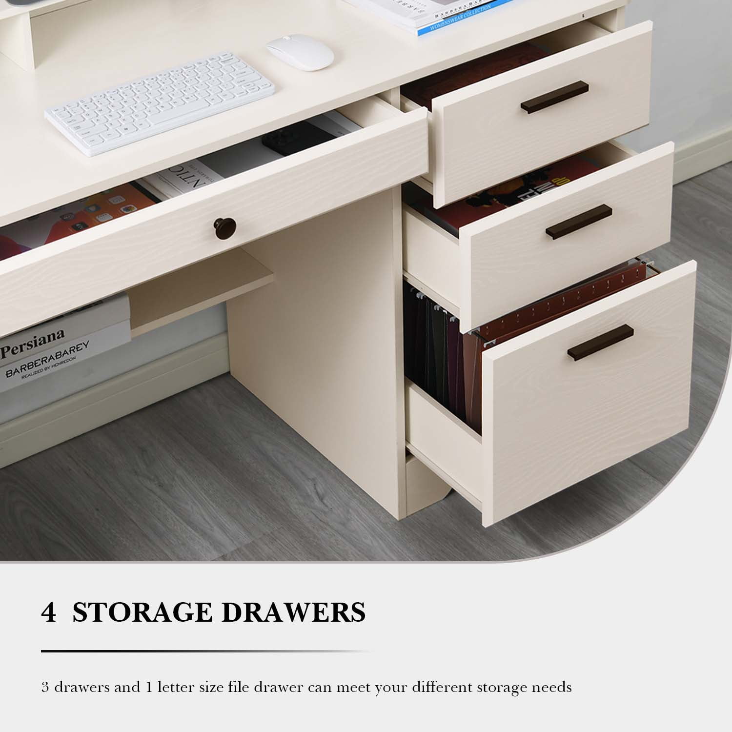 4 Ever Winner White Oak Wood Writing Desk with Hutch and Storage for Small Spaces