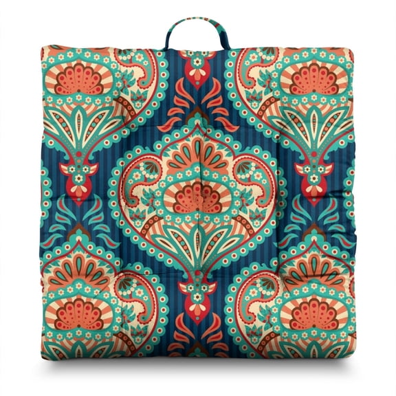 Vintage Paisley Meditation Cushion for Adults - Thick Square Floor Pillow with Boho Ethnic Design, 4.7" Supportive Tatami Mat Seat Pad