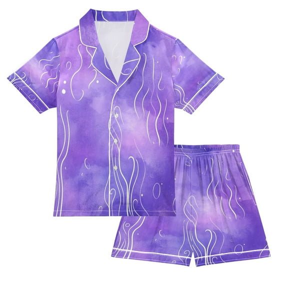 Silky Satin Kids' Pajama Set Breathable & Smooth Unisex Button-Down Pajamas Purple Background with White Line