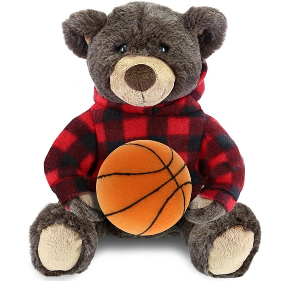 DolliBu Brown Bear Stuffed Animal with Basketball Plush – Super Soft Huggable Bear with Red Plaid Hoodie, Plush Toy Wildlife Gift, Basketball Plush Animal for Kids and Adults - 10 Inch