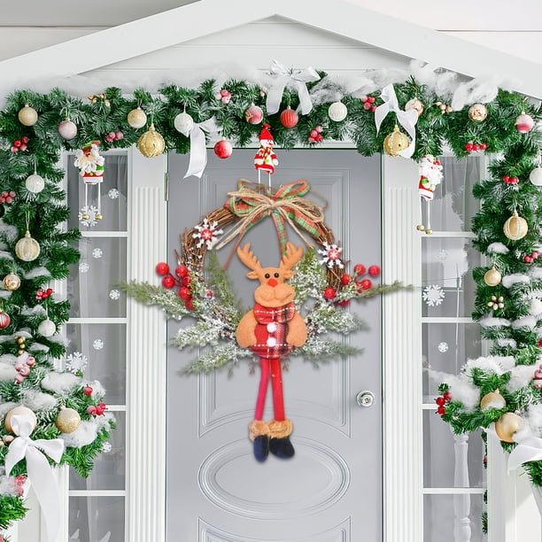 Corona de Flores Navideñas para Colgar En La Puerta o En La Pared, de Ratán, con Escenas Atmosféricas, Estróbilos Hechos a Mano, Lazo de Imitación, Corona de Frutos Rojos.