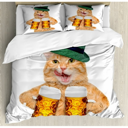 Cat Duvet Cover Set Cool Cat With Hat And Beer Mugs Bavarian