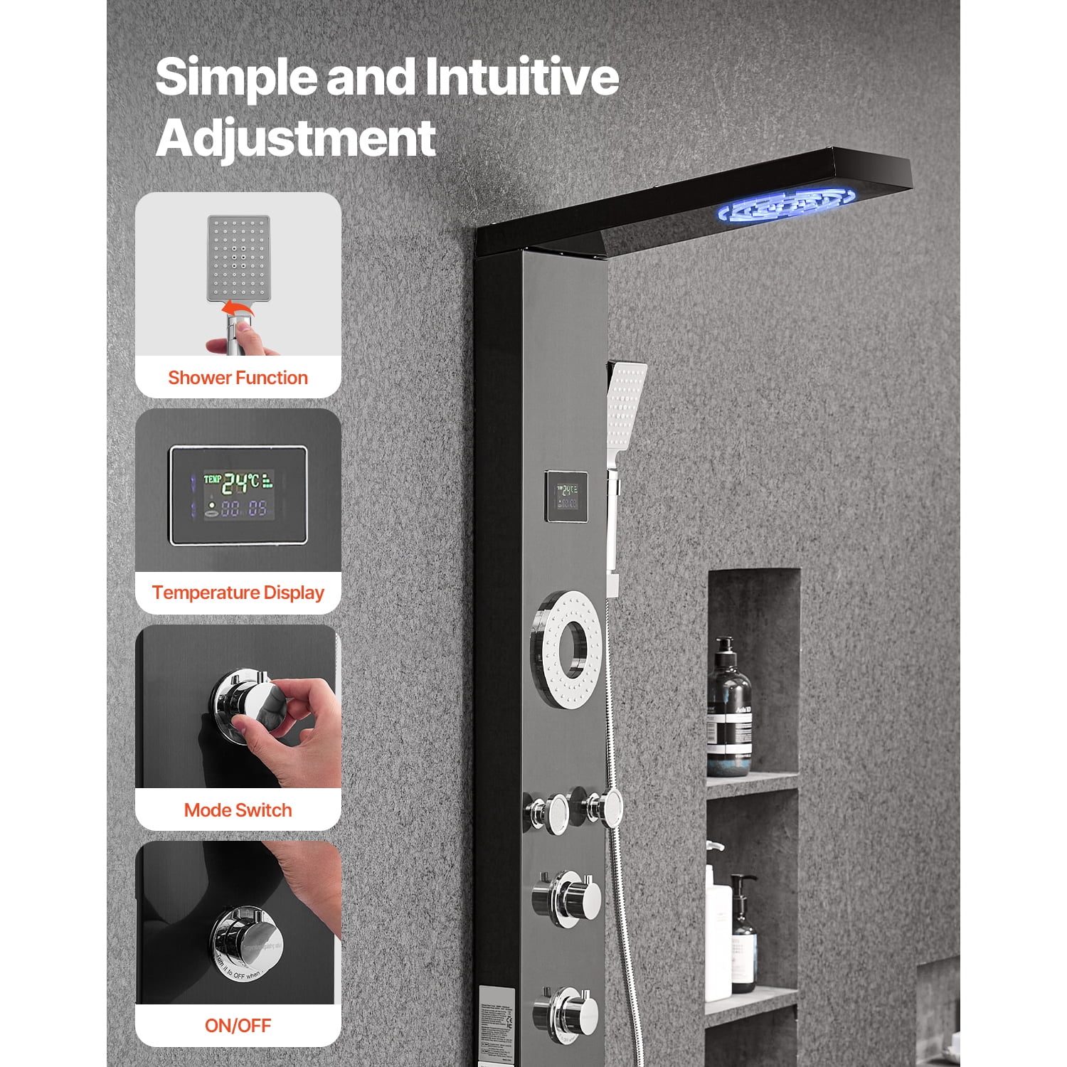 KFFKFF Shower Panel Tower System, 53 in Brushed Stainless Steel, Incorporates Rainfall Shower Head, LED, 6-Function Faucet, Wall-Installed Rain Massage System with 5 Body Jets, Handheld, Tub Spout