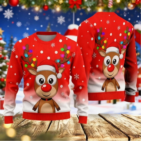 Cute Rudolph Christmas Sweater With Santa Hat Light-Up Antlers – Fun Holiday Sweater For Kids & Adults