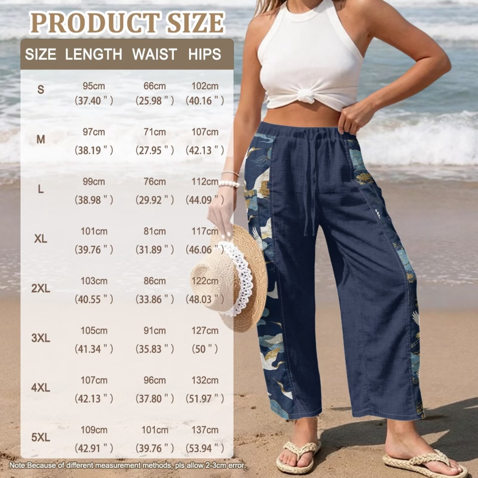 Yuyamidu Womens Linen Pants Beach Size 2XL Flowy Petite Palazzo Pants Wide Leg Lightweight Vacation Trousers Chinese Print Outfits, Chinese Bird Crane