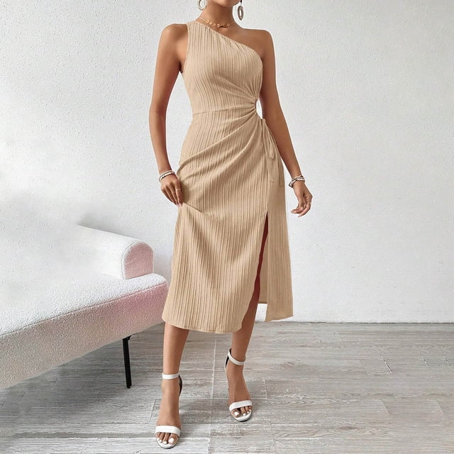 Ovzne Robes pour Femmes Robe Femme Mode Femme Couleur Unie Sans Manches Épaule Oblique Taille Découpée Robe de Printemps Liquidation