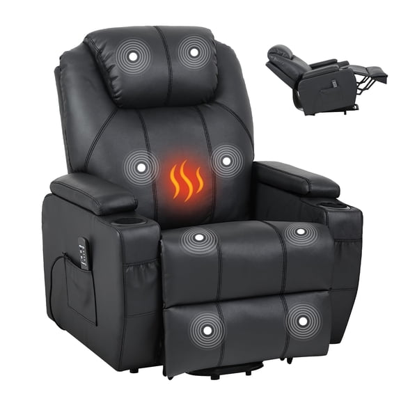 Power Lift Recliner Chair with Vibration Massage – Electric Rocking PU Leather Recliner, Cup Holders & Armrest Storage – For Living Room, Bedroom & Office