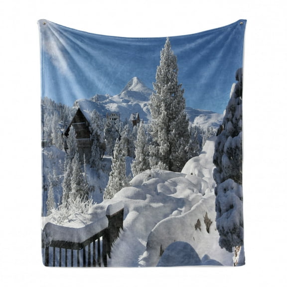 Alaska Soft Flannel Fleece Blanket, Winter Season in the North American Countryside Snow Covered Fields Trees, Cozy Plush for Indoor and Outdoor Use, 60" x 80", White Sky Blue Brown, by Ambesonne