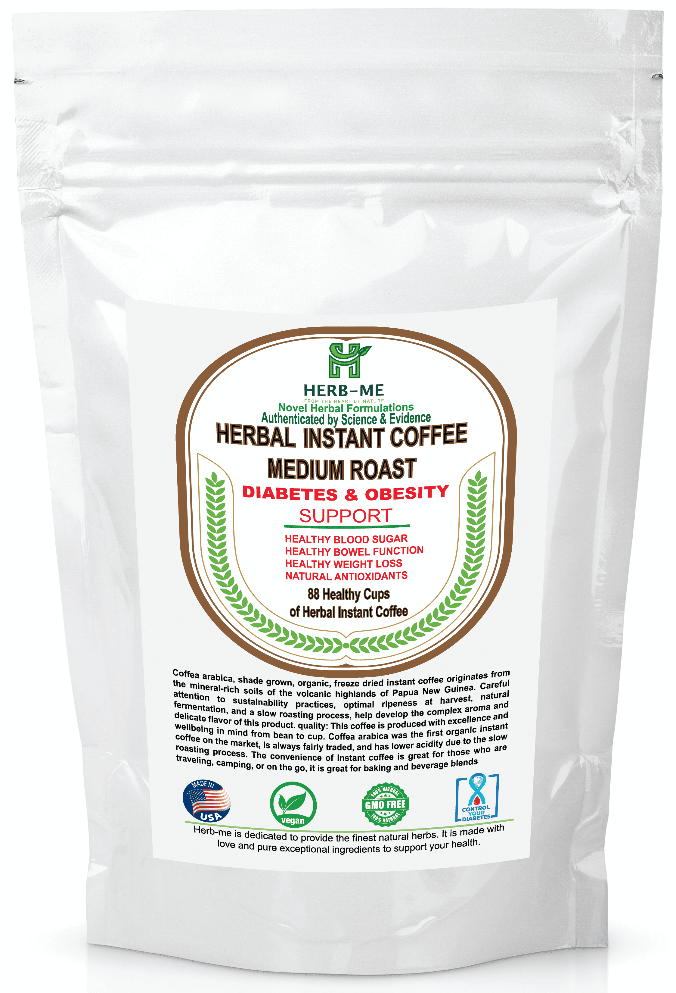HerbMe, Instant Coffee -  Healthy Blood Sugar & Weight Loss - Organic-  100 Arabica Freeze Dried Medium Roast-5 OZ, 88 Serving Cups