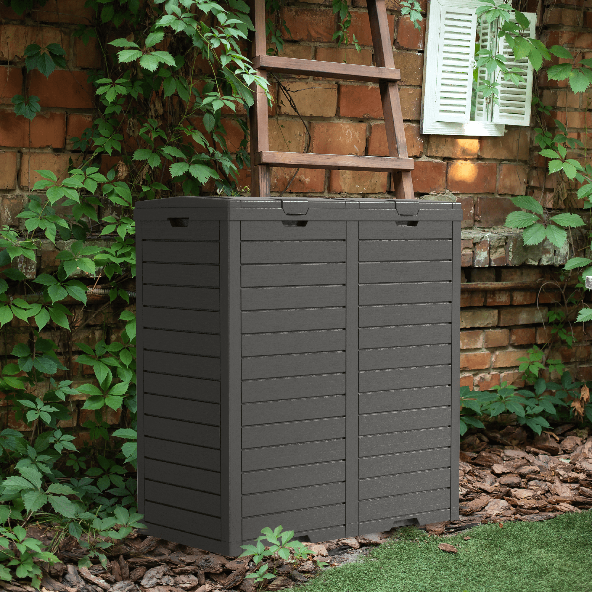 EasyUp Outdoor Trash Can with Lid, Outdoor Trash Bin & Pull-Out Liquid Drawer, Dual Lid Closure Design, Waterproof Resin Garbage Can Container for Patio, Backyard, Deck (Black,62)
