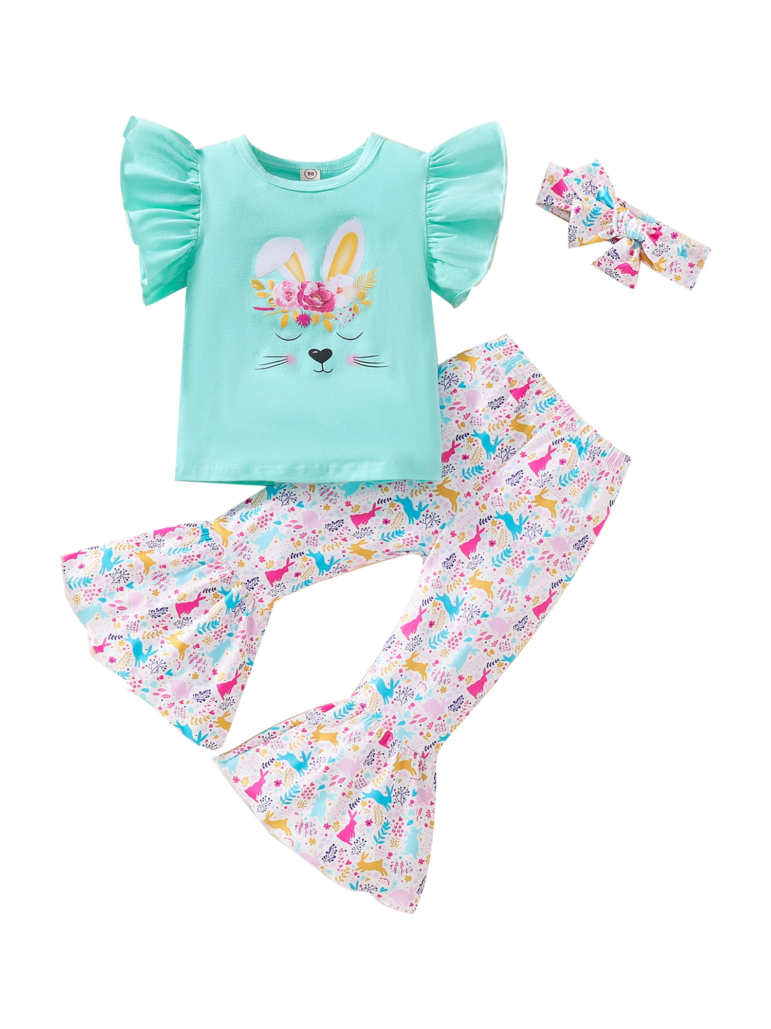 2PCS Toddler Kids Baby Girl Short Sleeve T-Shirt Tops Blouse+Pants Bunny Outfits 