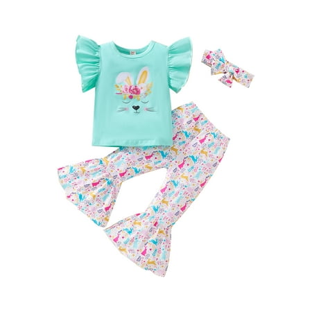

WakeUple Toddler Kid Girl Easter Clothes Set Cartoon Bunny Print Tops Rainbow/Printed Rabbits Flare Pant Headband
