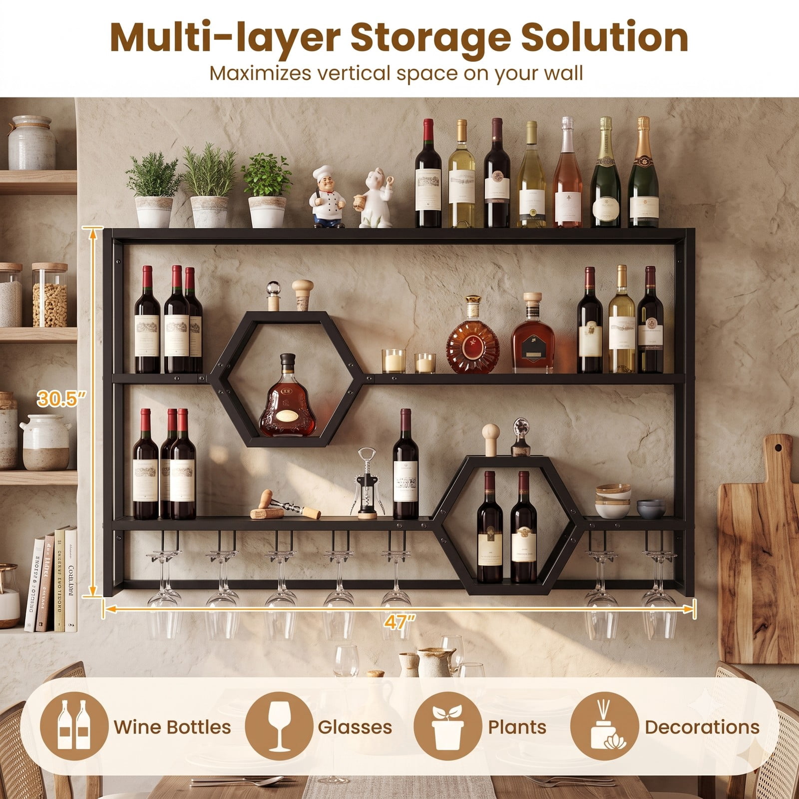 RUIE 47 Inch Wall Mounted Wine Rack, Large Floating Bar Shelves with Glass Holder, Metal Hanging Wine Bottle Storage Organizer for Kitchen Dining Room Bar, Black