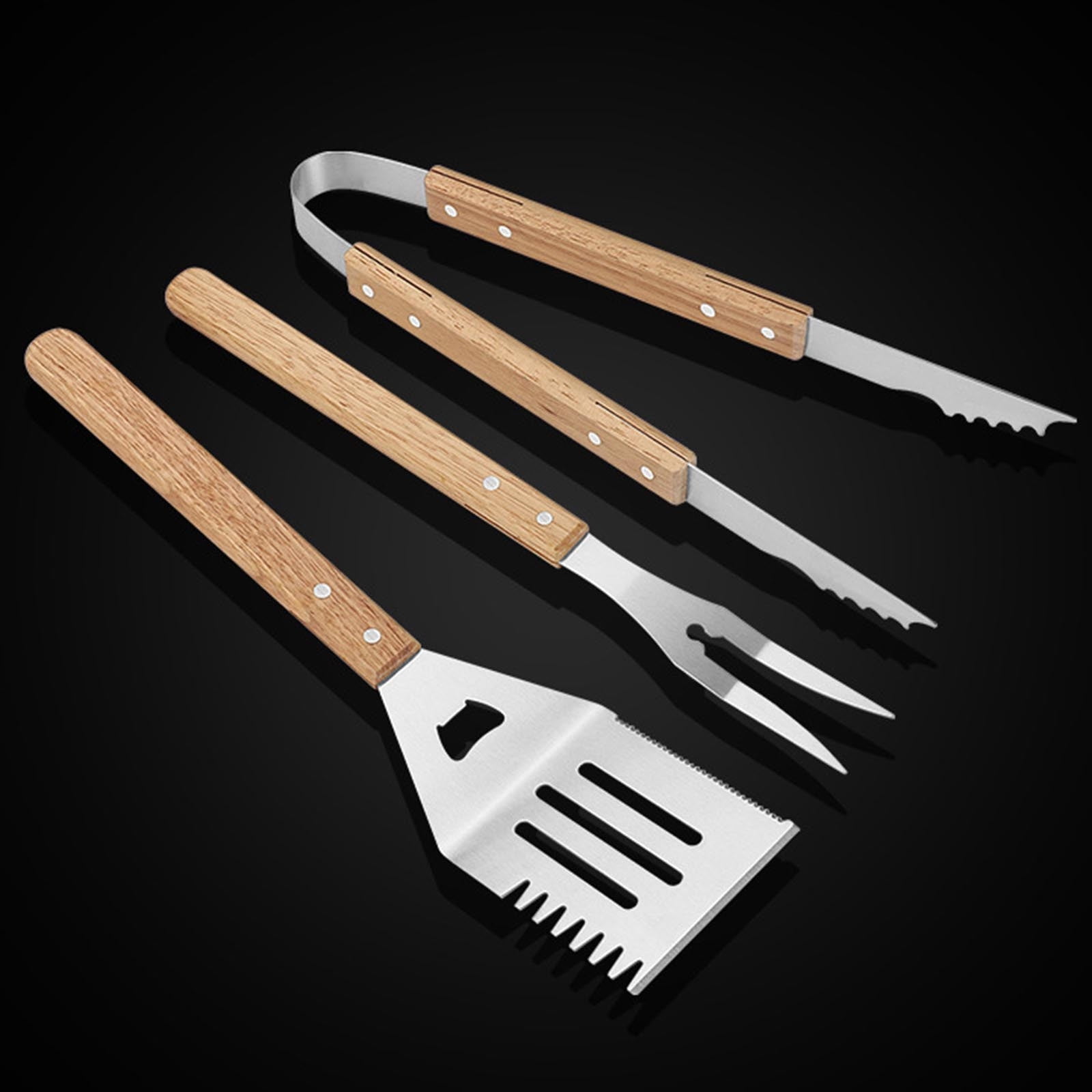 UYUH Grill Accessory Set, 3-Piece Stainless Steel Tools for Blackstone Griddle and Camping, Includes Spatula, Tongs, and Fork with Wooden Handles, Durable and Heat-Resistant