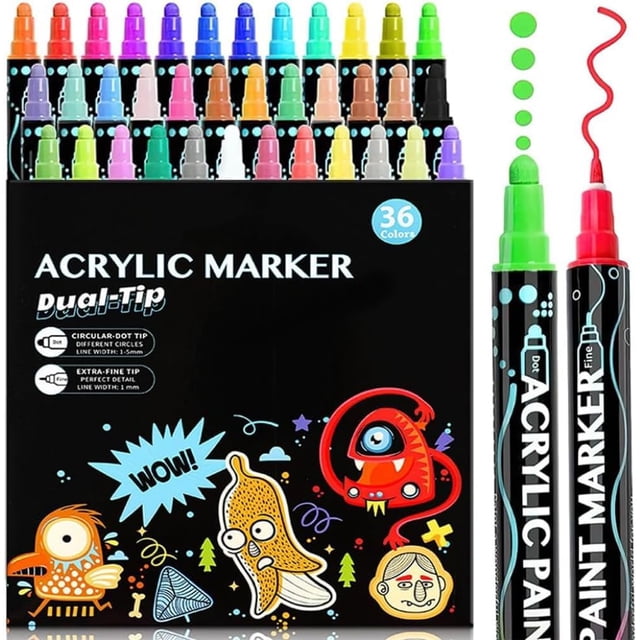 Plumones Acrilicos Doble Punta, 36 Colores Acrílicos Marcadores, Rotuladores Acrilicos para Piedras, Cristal, Madera, Cerámica, Plastico, Lienzo