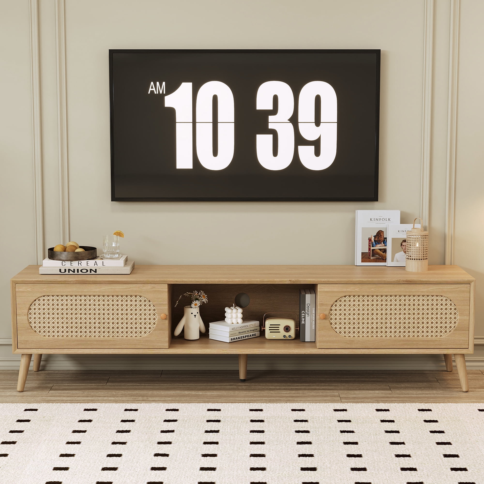 Euroco TV Stand for TVs up to 80'' , Modern Farmhouse Media Console, Entertainment Center with Solid Wood Legs, TV Cabinet for Living Room, Home Theatre