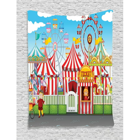 Circus Decor Wall Hanging Tapestry, Carnival With Many Rides And Shops Illustration Landscape Cloudy Sky, Bedroom Living Room Dorm Accessories, Gift Ideas, By Ambesonne