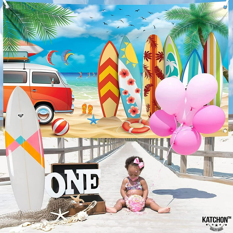 Toile De Fond « Hello Summer » - Motif Plage - Ciel - Océan - Fleurs Hawaïennes - Palmiers Tropicaux - Toile