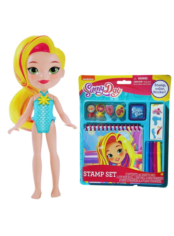 Sunny Day Adventure Bundle: Splash & Style Sunny Doll with Golden Ponytail & Creative Stamp Set Girl Collectible Posable Toy Christmas Holiday Birthday Gift Party Prizes Favors Stocking Stuffer