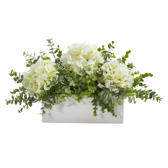 Nearly Natural 15in. Hydrangea and Eucalyptus Artificial Flowers in White Vase, White