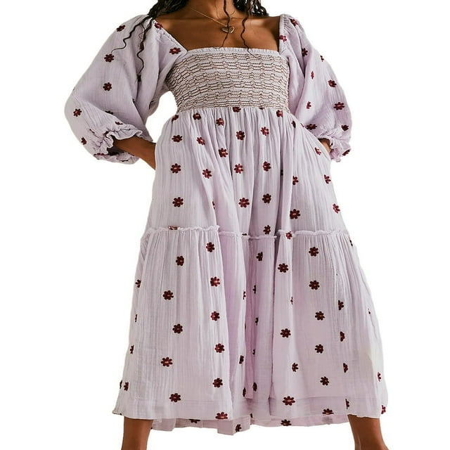 Femmes Robe Longue Manches Longues Cou Carré Broderie Fleur Swing Robe
