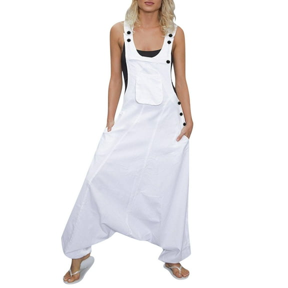 Ediodpoh Women Jumpsuit Solid Color Casual Loose Sleeveless Pocket Playsuit Romper Women's Jumpsuit White L