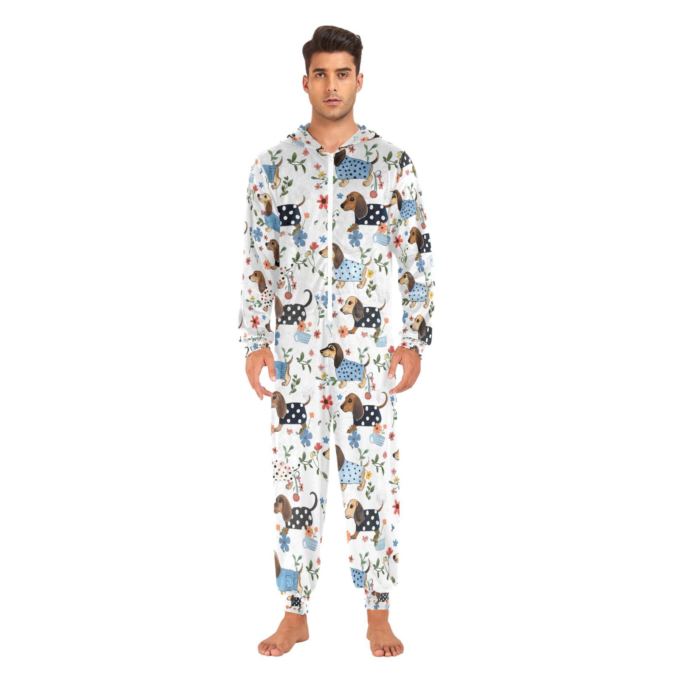Adult Christmas Onesie Dachshund Adult Zipper One-Piece Pajamas Unisex Pajamas with Pockets